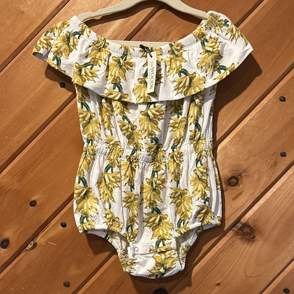 Kate Quinn the woods 18/24m bamboo banana ruffle top bubble romper NWT
